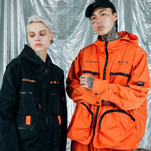

men detachable sleeve multi-pocket loose function cargo jackets coats male women streetwear hip hop tactics hooded outerwear, Black;brown