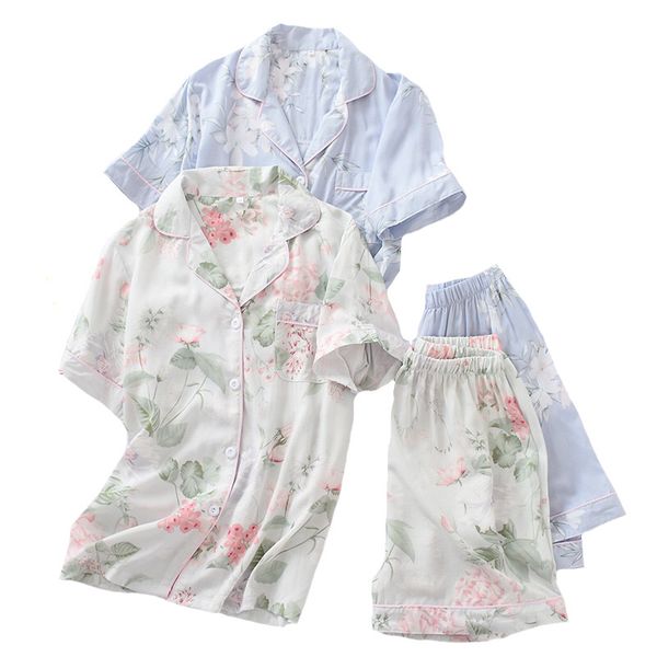 

2pcs pajamas set women simple style sleepwear 2019 summer new floral printed turn-down collar shorts comfort homewear set, Black;red