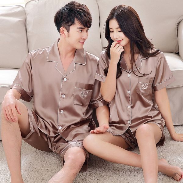 luxury pajama suit couple pajama sets silk satin pijamas sweet sleepwear home suit pyjama for lover man woman lovers' clothes, Black;brown