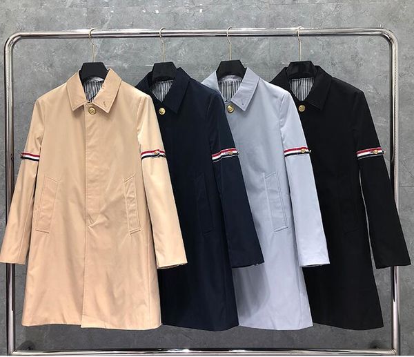 

2020 мода thom tb марка ветровка осень зима мужская длинные пальто turn down воротник повседневная мужчины тонкий куртка сплошные одежда, Tan;black