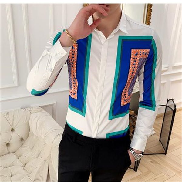 

men shirt 2020 new social club shirt blue square stitching printed long-sleeved slim fashion men's, White;black