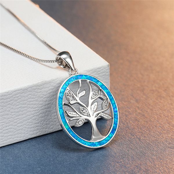 

cute female blue opal pendant necklace unique tree of life chain necklace charm silver color hollow wedding necklaces for women
