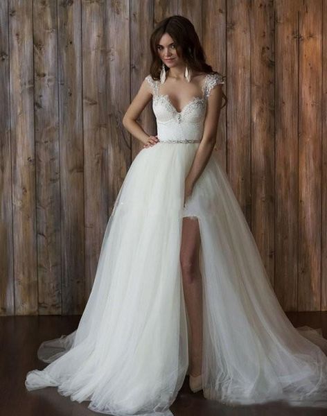 

2020 new short full lace wedding dresses with detachable skirt cap sleeves sweep train backless beach bridal gowns customize, White