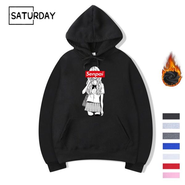 Kış erkek Senpai Anime Kız Tasarım Baskı Polar Hoodies Tişörtü Sonbahar Unisex Komik Siyah Hoody Giysileri