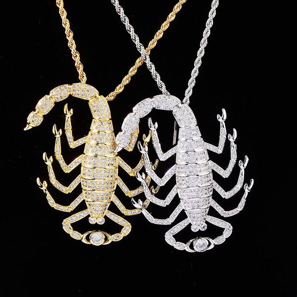 18K animal ouro Scorpion 3D Colar Pingente ICED OUT Zircon com corda cadeia por Homens Mulheres Chram Hip Hop Jewelry presente