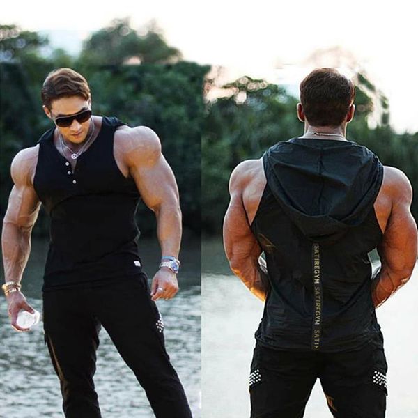 

new men bodybuilding quick-drying tank gyms fitness hooded vest sleeveless hoodie casual fashion crossfit workout clothing, White;black