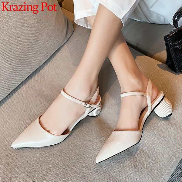 

krazing pot full grain leather pointed toe slingback women sandals strange med heels buckle strap fashion summer shoes l41, Black