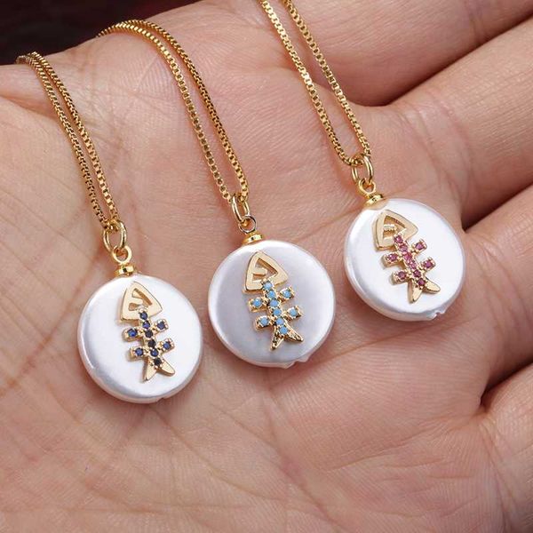 

navy blue white purple red cz pave fish bone charm coin pearl bead pendant choker necklace for women dainty daily jewelry gift, Golden;silver
