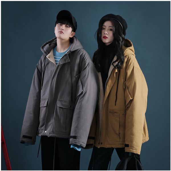 

2019 spring new hooded japanese jacket loose solid color thickening lamb fur coat jacket tide male red / khaki / gray green, Black