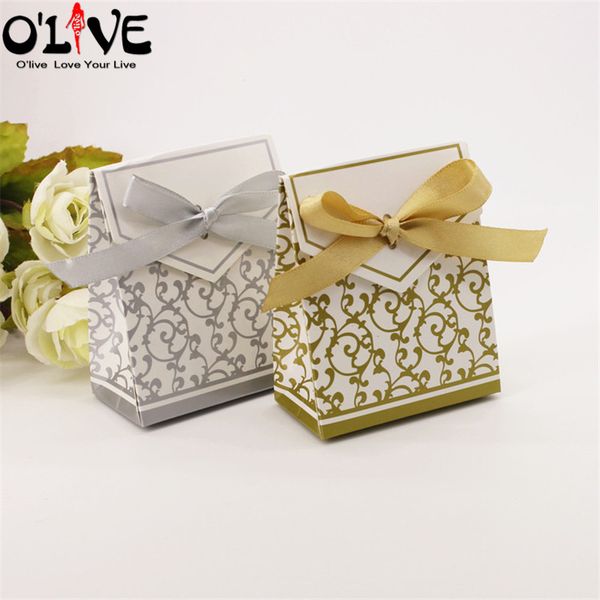 

50pcs gold print gift bag silver candy box wedding party favors packaging cardboard boxes chocolate sweets birthday bonbonniere