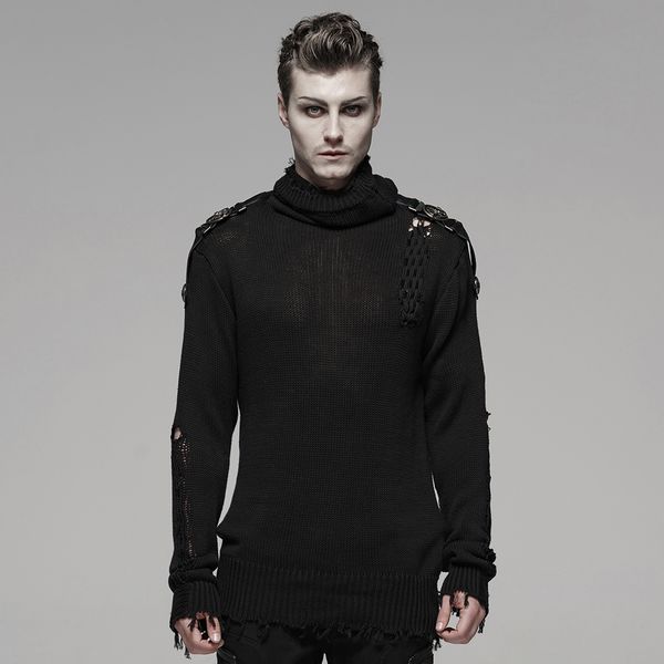 

punk rave men's uniform sweater splicing woven high collar retro metal buckle personality tattered winter sweater, White;black