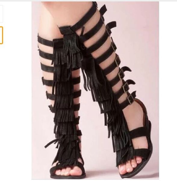 

black tassel suede leather fringe knee high sandals boots flat heel gladiator sandals boot women summer shoes