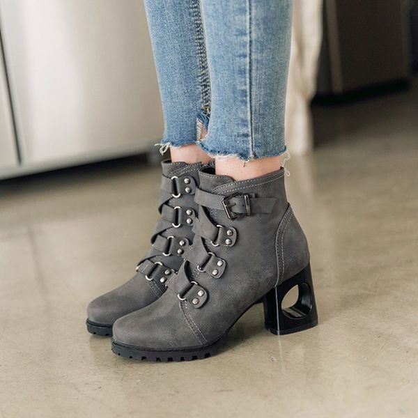 

shoes women fretwork heels high heel ankle boots platform women boots winter short buckle lace up lady shoes big size34-43, Black