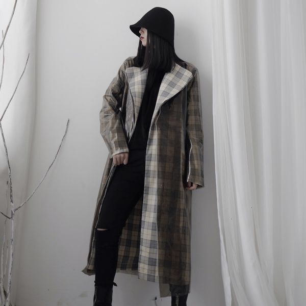 

tvvovvin 2020 winter fashion retro plaid lapel mid-length straight one buckle loose windbreaker jacket two-piece pc263, Tan;black