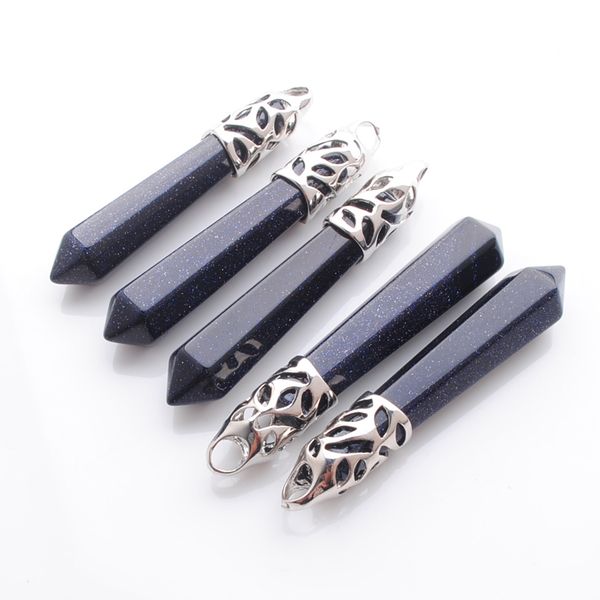 

wojiaer natural blue sand gem stone hexagonal pointed reiki chakra pendant bead 5pcs charm jewelry dn3019, Silver