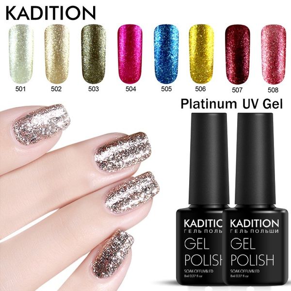 

kadition platinum gel varnish 12 colorful 8ml semi permanent soak uv led gel nail polish glitter colors perfect nail art design, Red;pink