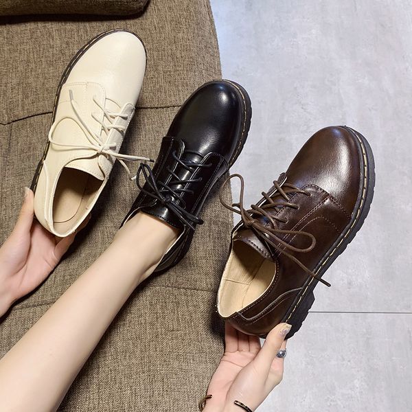 

korean shoes british style oxfords women's female footwear all-match round toe casual sneaker 2019 preppy leather dress cross, Black