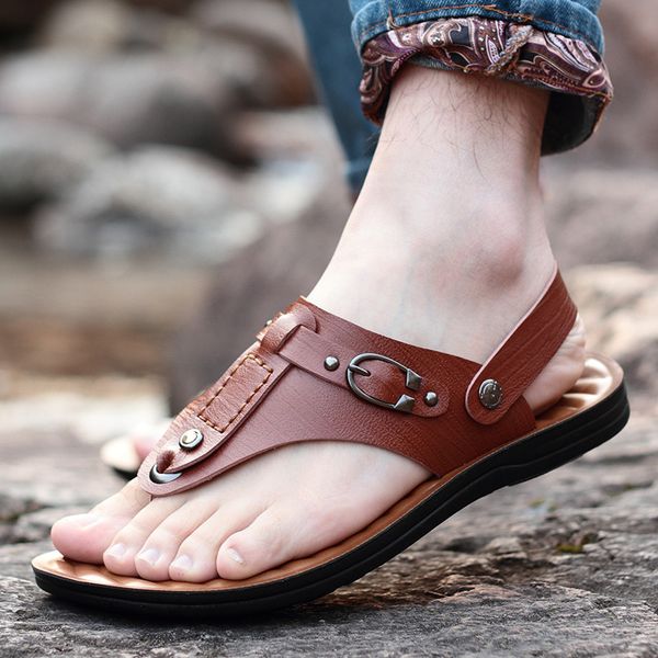 

2019 men flat flip flops leather flip-flops mens slippers casual summer shoes fashion beach men's sandals flip flops 3437, Black