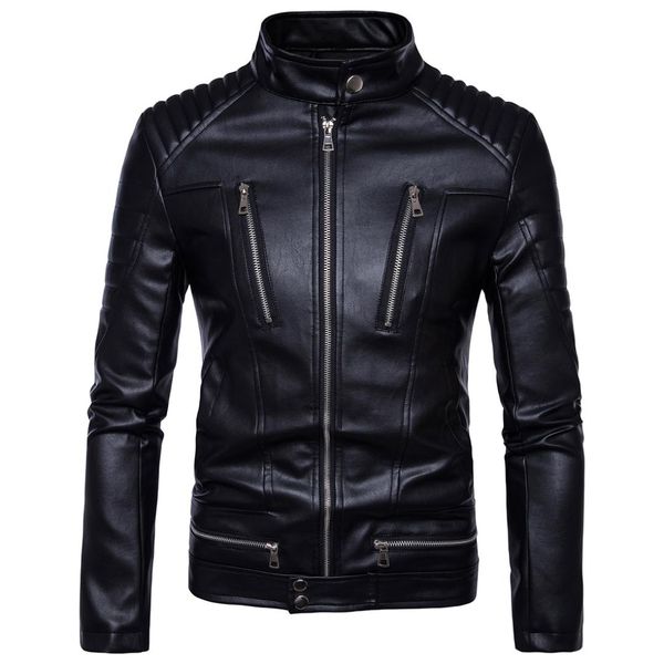 

2019 autumn punk men's locomotive zipper leather motorcycle leather jacket jacket men's motorcycle clothing, Black