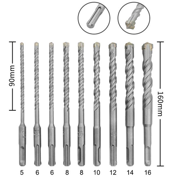 

9pcs/set round handle cross electric hammer drill bit carbide two pit two-slot impact drill bit wall opening concrete punching