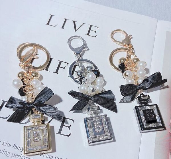 

trendy pearls beads keychain long tassel perfume no.5 pendant car hanger bag key chain jewelry, Silver
