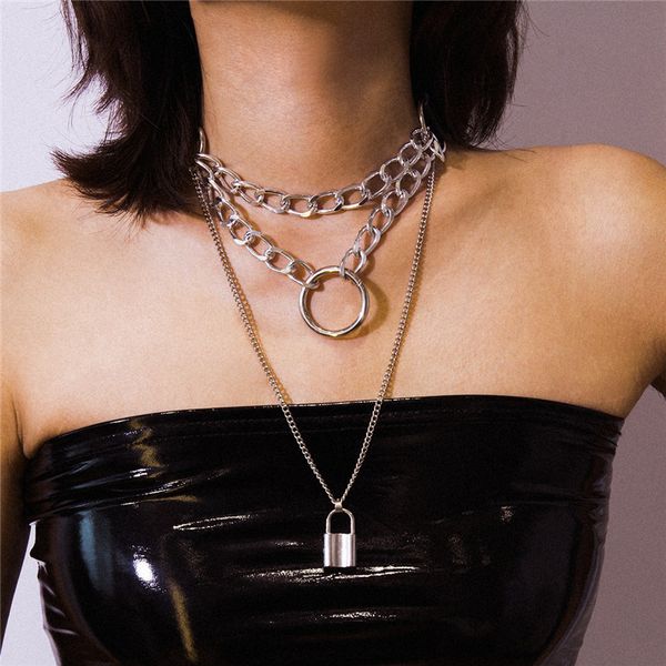 

панк черная кожа choker ожерелье заявление ювелирные изделия женщины hip hop silver коренастый layers цепи большой круг замок подвеска ожере
