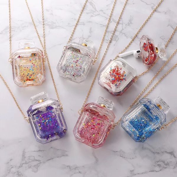 

3d liquid earphone case for apple airpods cases perfume box glitter quicksand cover for air pods 2 case headphone earpods cover bling strap