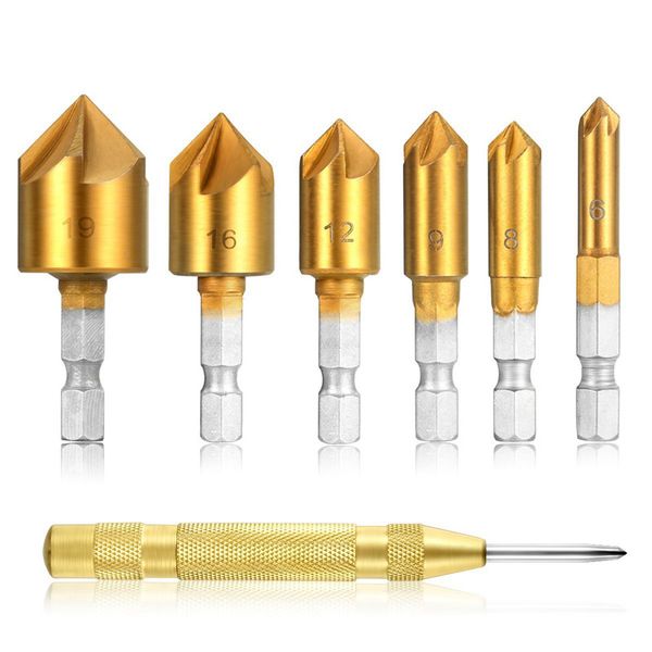 

6pcs hex shank five-blade chamfering drill bit high carbon steel titanium plated for wood diy, 6/8/9/12/16/19mm 1 pack brass aut