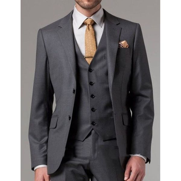 

dark gary business formal men suits 2019 notched lapel three piece jacket pants vest straight style groom tuxedos for wedding, Black;gray
