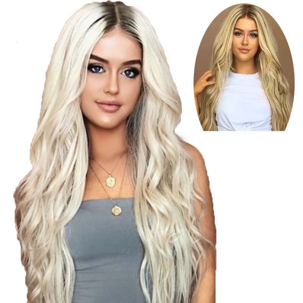 

women's wig cover middle part long curly hair slightly curled platinum/golden gradual dyeing chemical fiber hair sheath, Black
