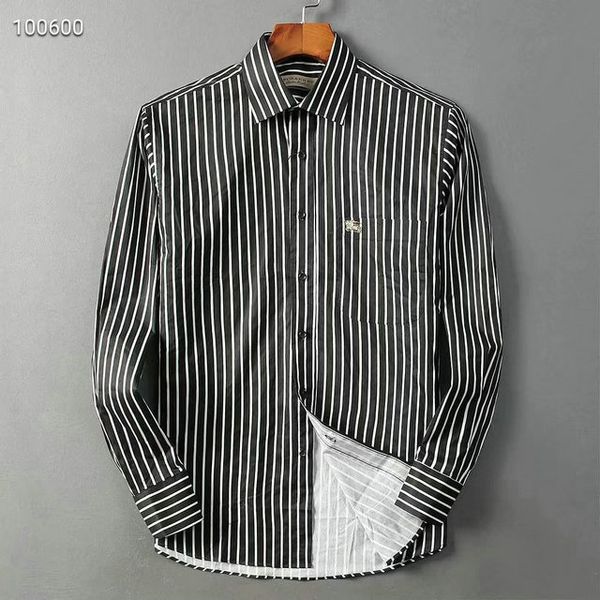 

high end mens designer shirt burberri luxury fashion brand trend shirt metal logo business wild striped summer shirt, White;black