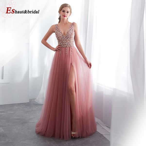 

2019 blush beading handmade prom dress long v-neck evening party gown, White;black