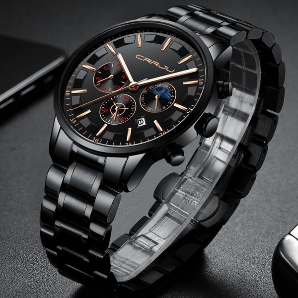 

crrju mens watches sport quartz all steel male clock camping waterproof chronograph relogio masculino, Slivery;brown