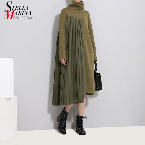 

new 2019 autumn winter women long green pleated sweater dress patchwork full sleeve turtleneck lady casual dress robe style 3031, Black;gray
