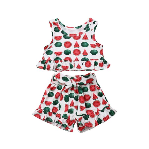 

kids baby girls sets summer watermelon print 2pcs clothing sleeveless ruffles vest crop wide leg shorts girl sets 1-4y, White