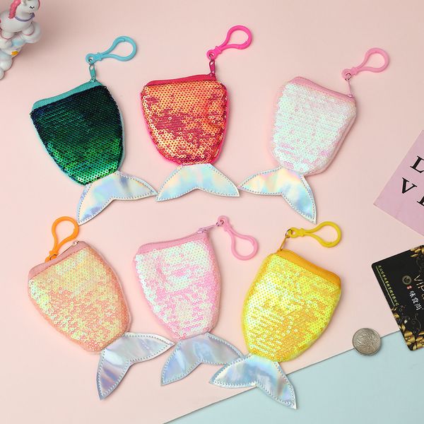 

baby children laser coin purse cartoon mermaid fish tail bag wallet student sequin bag pendant 6 colors c1862, White