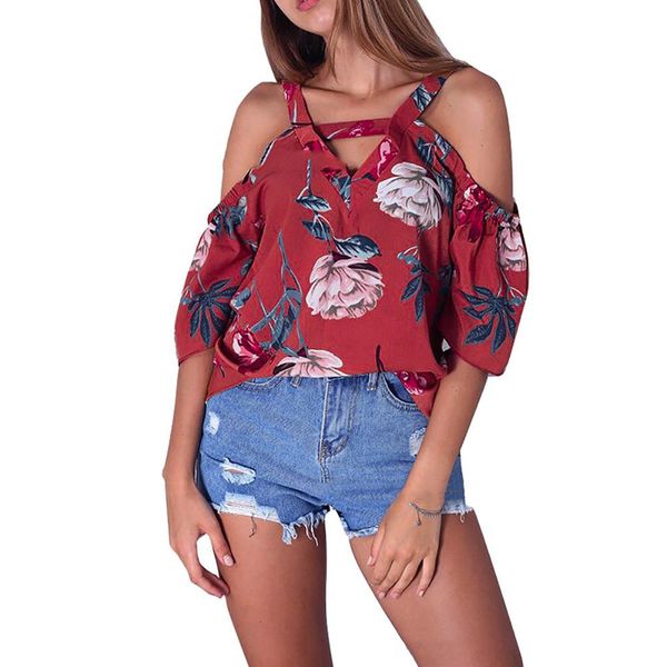

floral printed v-neck off-shoulder short sleeve women summer blouse strappy top, White