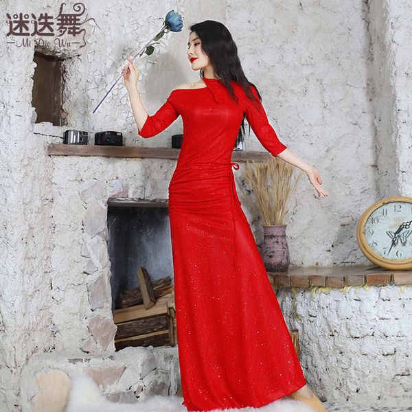 

belly dance training suit new fall winter one piece dress orient dance performance dress women's group trainning uniform dw129, Black;red