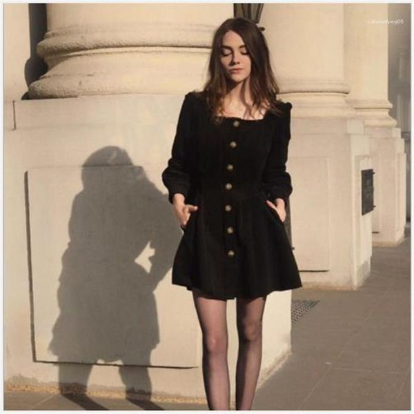 

button lantern sleeved square neck dresses fashion women party dresses vintage style women dresses solid color sweet slim, White;black
