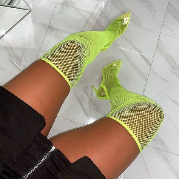

mesh over the knee women boots pointed toe high heels sock boots summer sandals boots party shoes green black