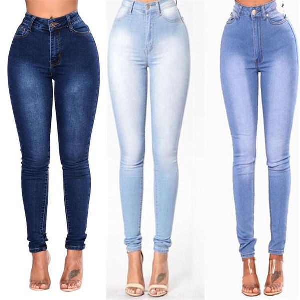 

waist skinny famael designer pencil pants ladies casual jeans women solid color denim jeans high, Blue