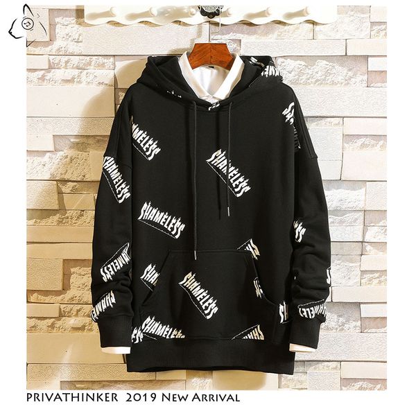 

privathinke man autum 2019 japanese streetwear hooded sweatshirt men solid causal sweatshirt letter print cotton pullovers, Black