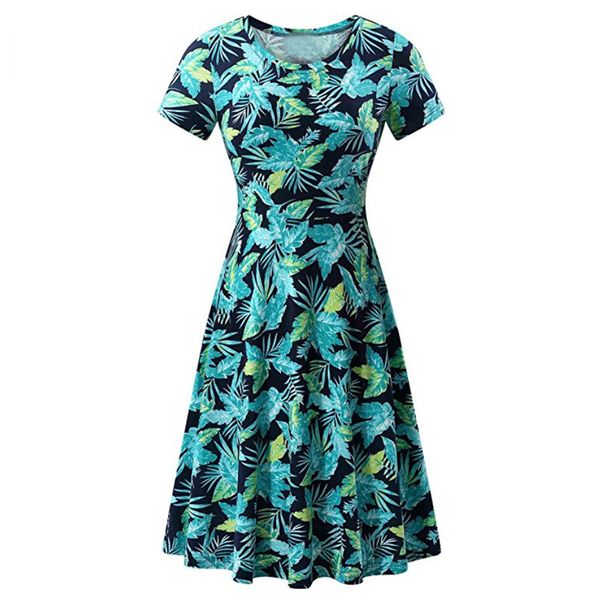 

2018 dress female new fashion women short sleeve printing summer beach a line casual dress floral vestidos robe, Black;gray
