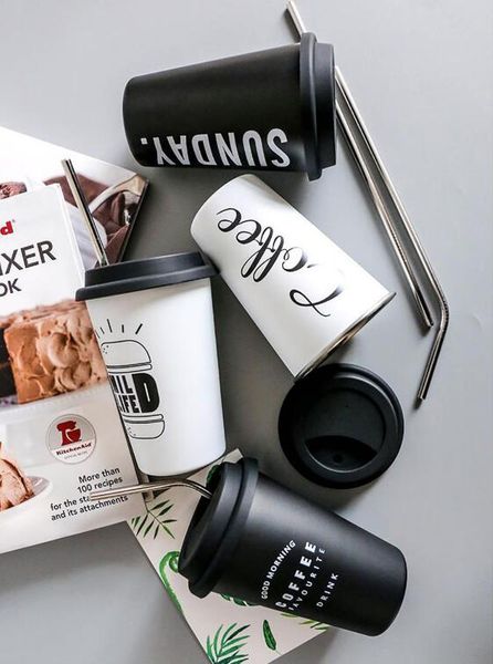 

Black white tainle teel ilicone mug hand cup with traw lid mug tea milk cup home office chool creative nordic gift 111