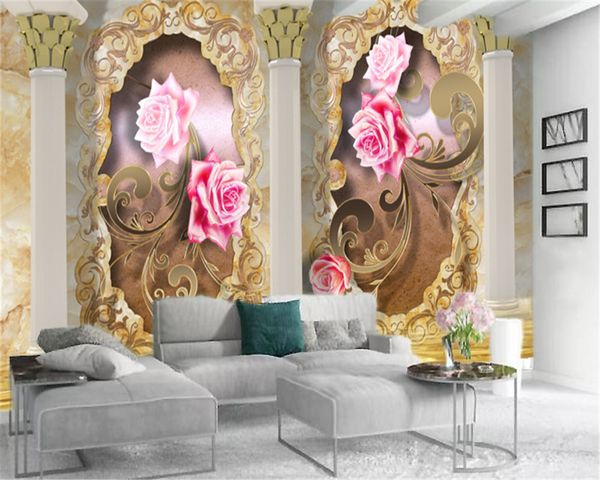 

custom 3d wallpaper mural marble roman column delicate rose romance hd interior decoration silk wallpaper