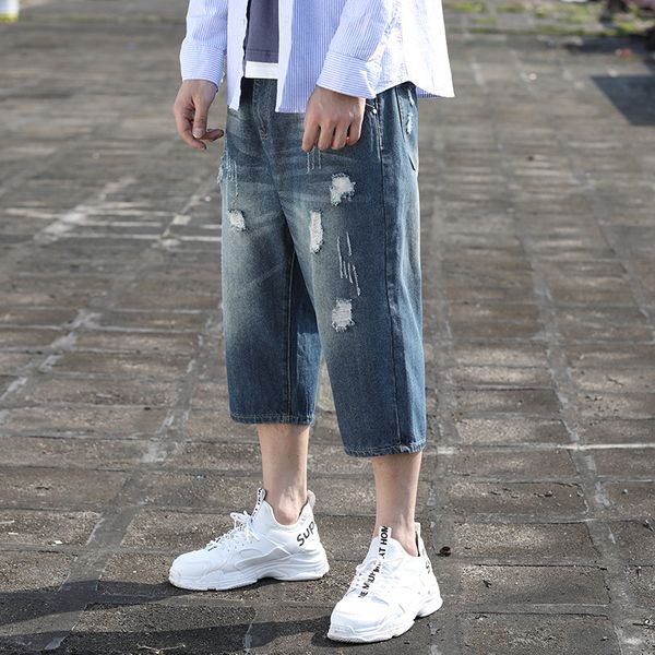 

jean men summer distressed jeans uomo cropped trousers casual loose hole straight plus size men hip hop jeans baggy harem pants, Blue