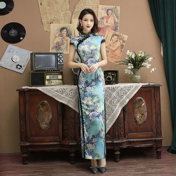 

summer spring qipao women chinese national vintage cheongsam elegant long print floral evening dress big size, Red