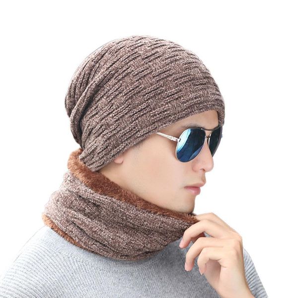 

men winter warm solid plush hat spring, fall, beanie 2 pcs/set & skull casual, street, outdoor cap scarf set, Blue;gray