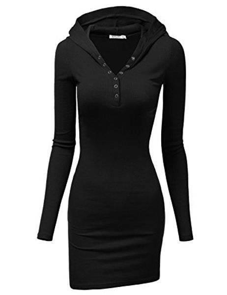 

doublju womens long sleeve henley neck basic hoodie dress, Black;gray