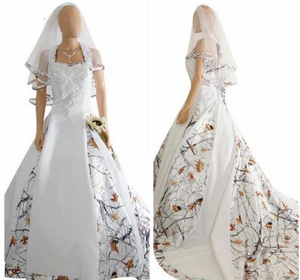 2020 Vestidos de Noiva Branco Camo Robes de Mariée Applique Frisado Espaguete Lace-Up Satin Vestidos de Novia Vestido Bridal Custome Plus